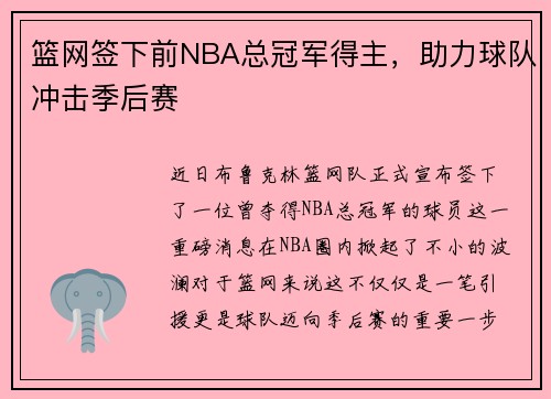 篮网签下前NBA总冠军得主，助力球队冲击季后赛